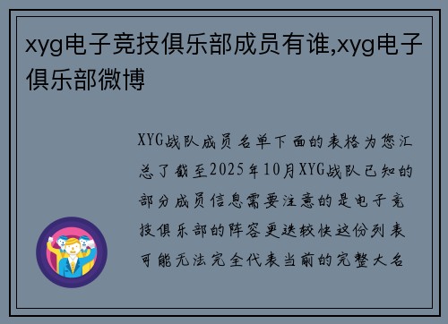 xyg电子竞技俱乐部成员有谁,xyg电子俱乐部微博